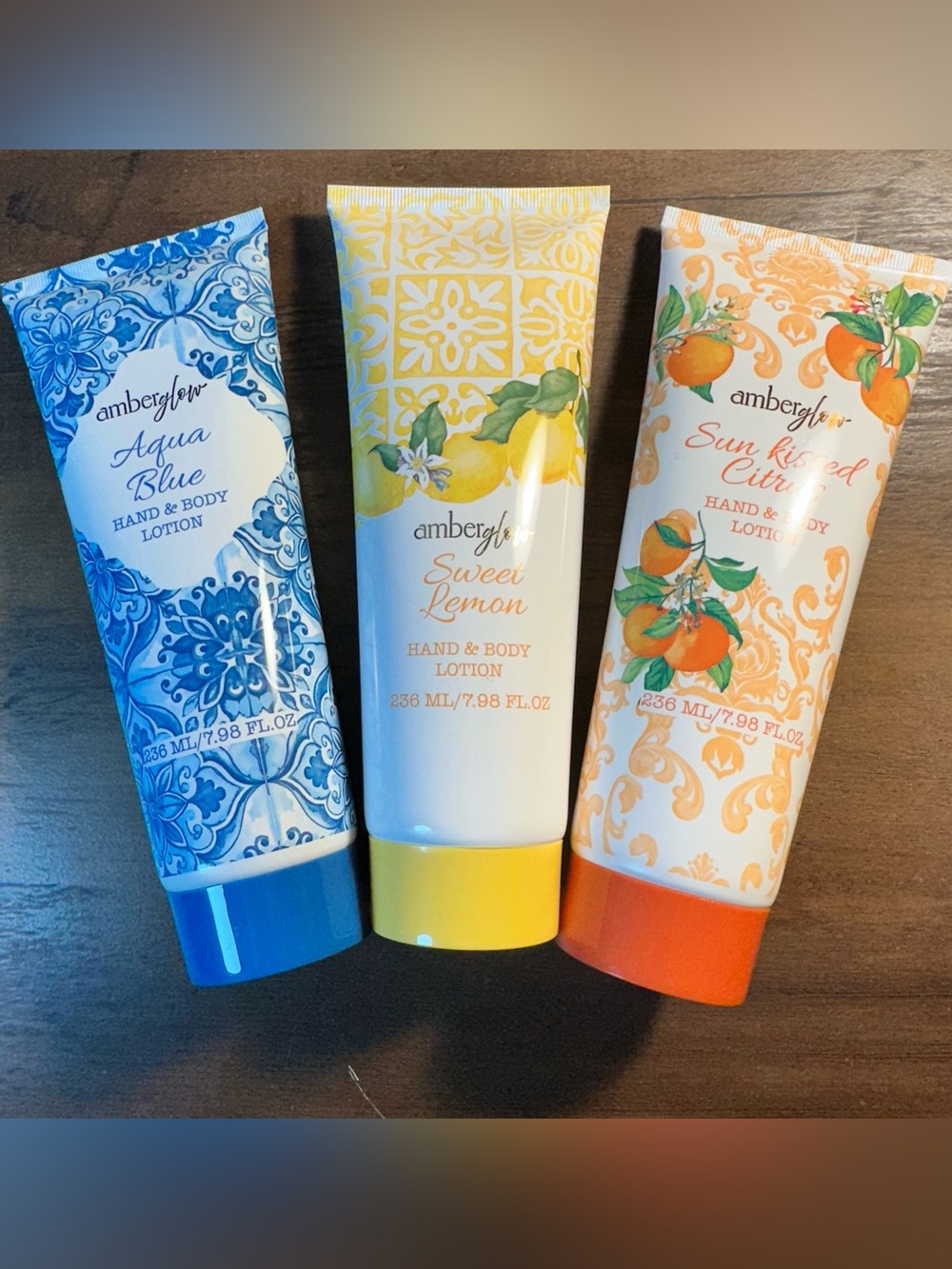 Amber Glow 3 Pc FULL SET Hand &Body Lotions: Sweet Lemon, Citrus & Aqua Blue NEW